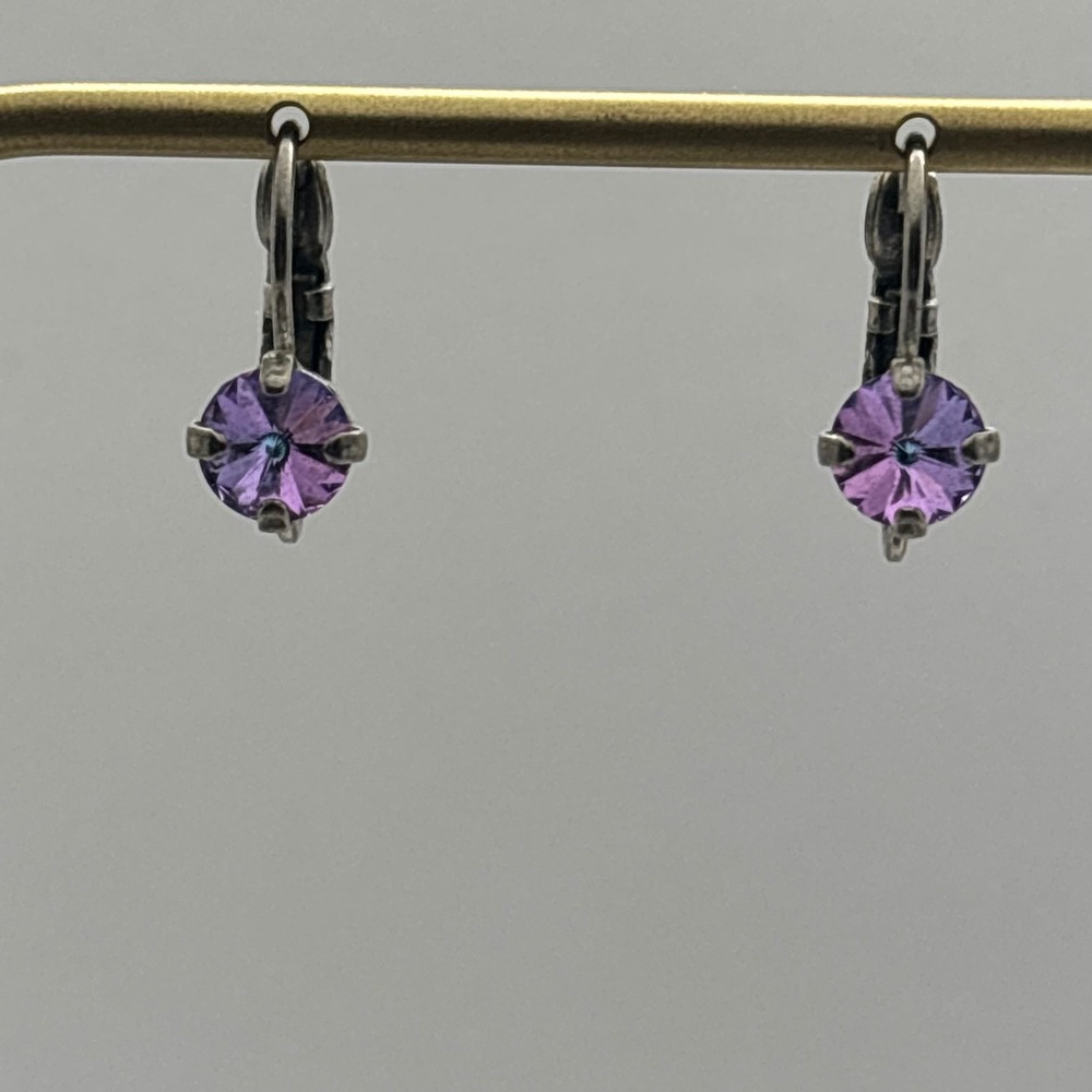 Sabika Earrings Purple Vitrail Crystal Leverback Antique Silver Tone Round Drop